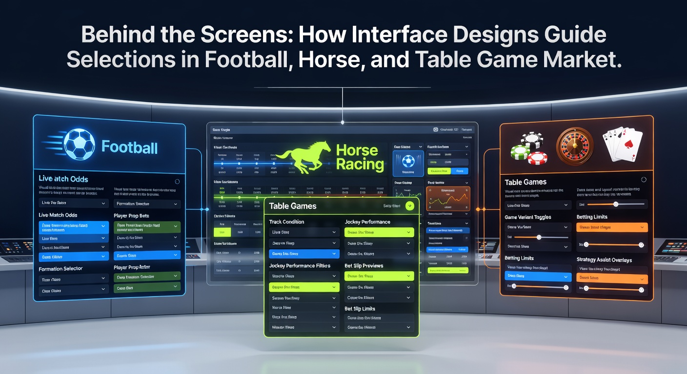 Horse racing and table game betting screens displaying odds layouts and selection prompts
