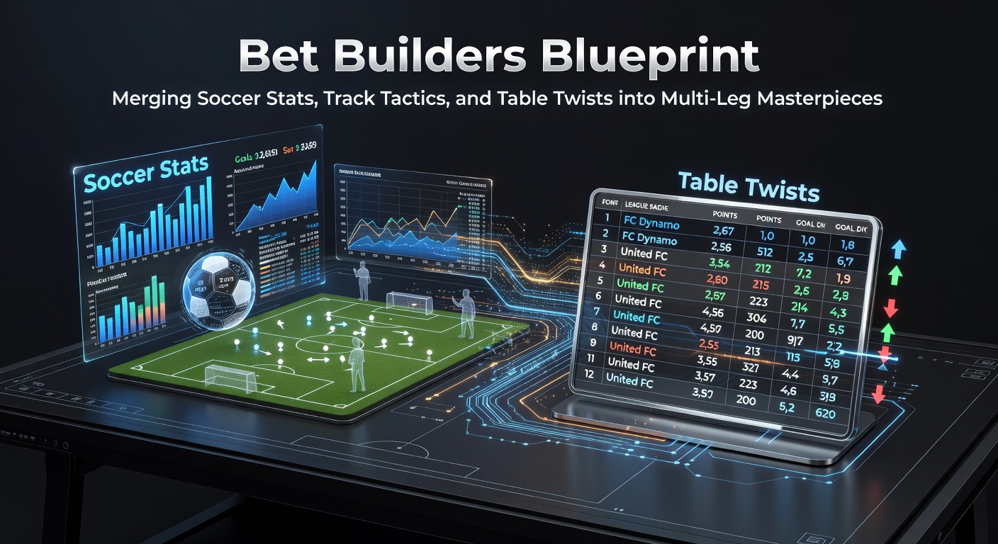 Digital display showing intertwined soccer pitch graphics, horse racing tracks, and casino roulette wheels forming a multi-bet builder interface