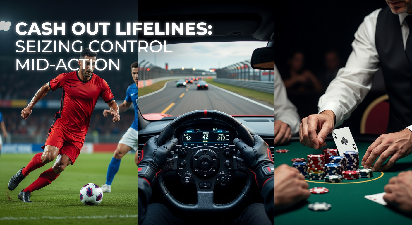 A dynamic soccer match scene where a player celebrates a goal, overlayed with a betting interface showing a cash-out button glowing green amid live odds fluctuating wildly