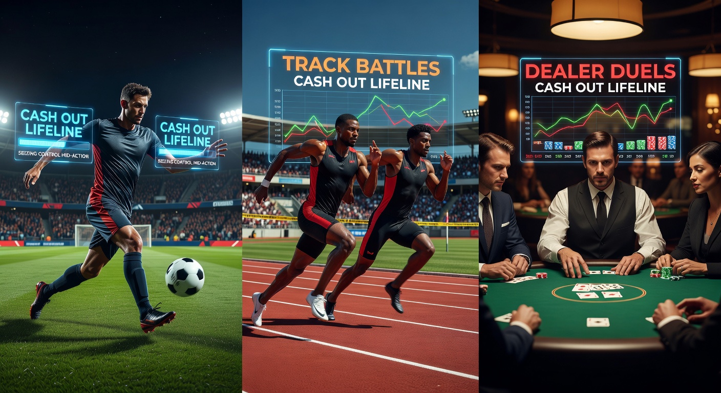 Horse racing action on a muddy track with jockeys urging mounts forward, digital overlay displaying live betting odds and a prominent cash-out option amid cheering crowds