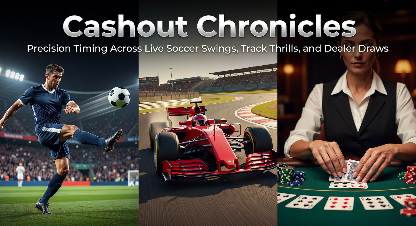 A dynamic split image showing a soccer player mid-kick, horses charging down a track, and a dealer revealing cards at a live blackjack table, capturing the high-stakes timing of cashout decisions