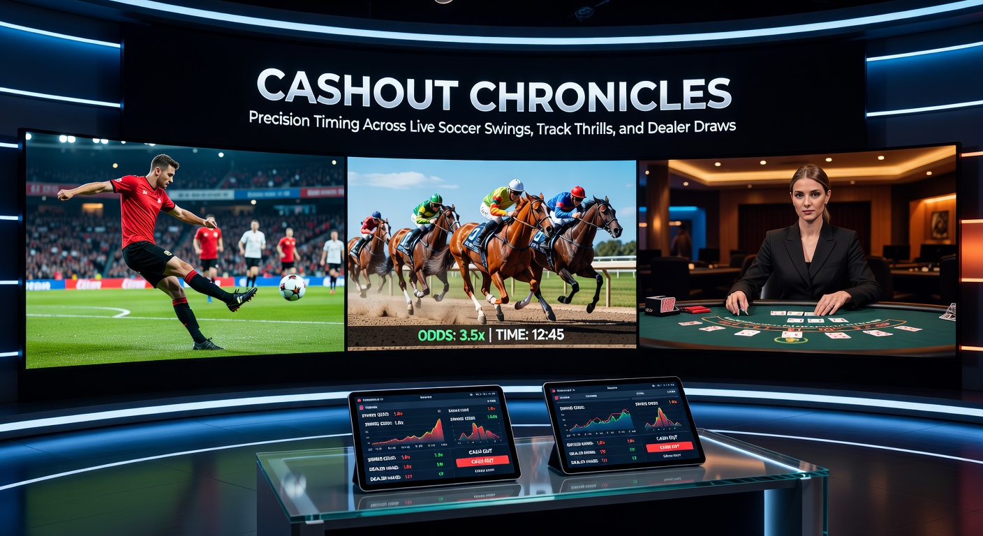 Close-up action of a soccer goal celebration, a horse crossing the finish line neck-and-neck, and a roulette wheel spinning with a live dealer, illustrating peak cashout tension points