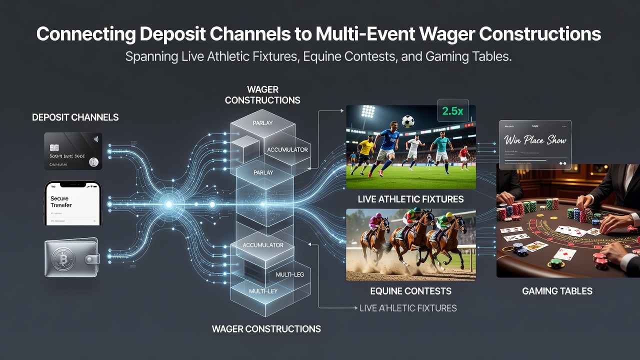 Illustration showing deposit channels linking to multi-event wager constructions across sports, racing, and casino tables
