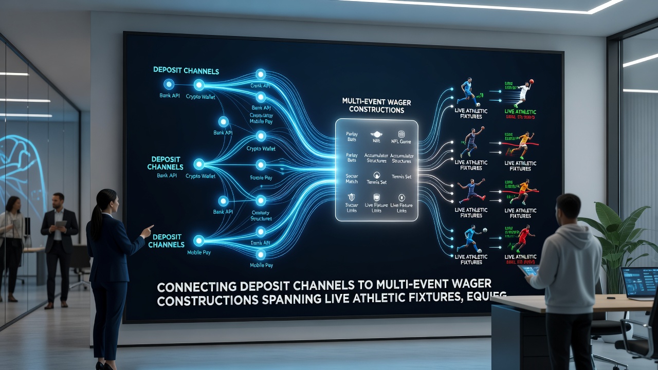 Diagram of accumulator construction connecting live sports, horse racing, and casino table bets through instant deposit channels