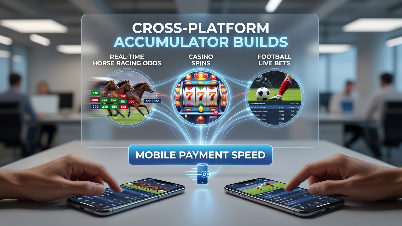 Mobile app interface showing accumulator bet builder connecting horse racing odds, football live bets, and casino spins with instant payment options