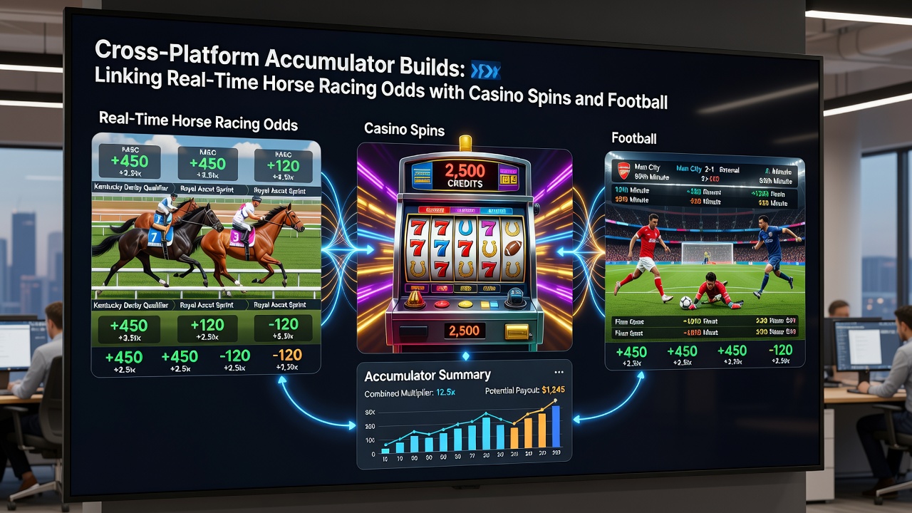 Split-screen view of real-time betting dashboard with horse racing odds updating alongside football live markets and casino spin results connected via mobile wallet