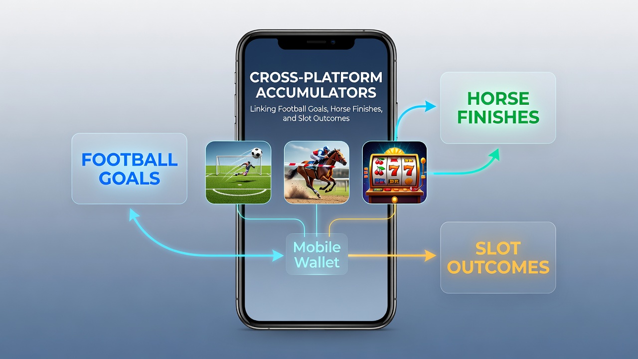 Mobile wallet interface showing linked accumulator bets across football, horse racing, and slots