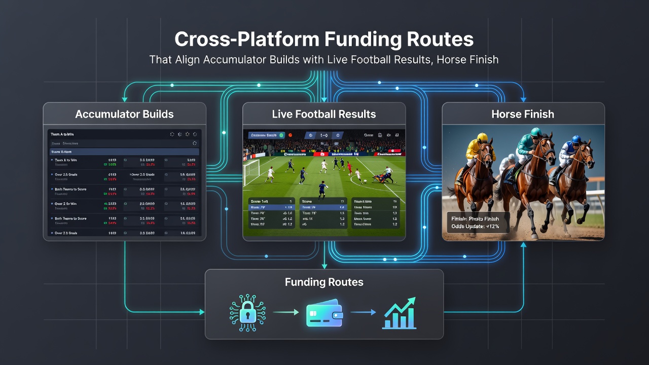 Mobile interface displaying synchronized accumulator legs across football, horse racing, and casino live feeds