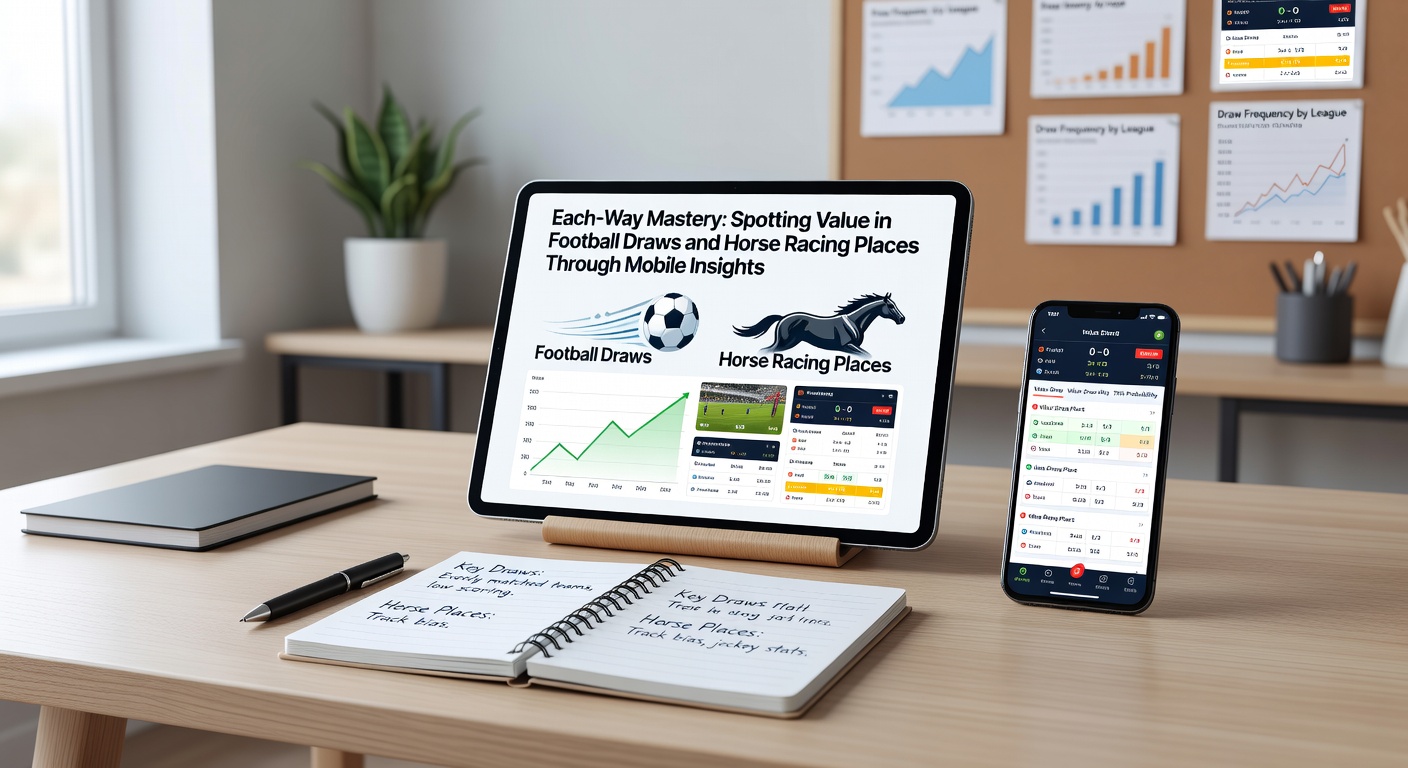 Close-up of a horse race finish with place positions marked, overlaid with mobile stats showing each-way value alerts