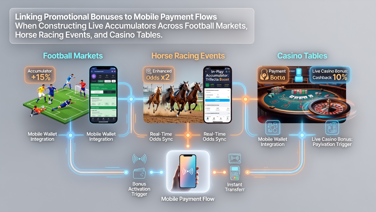 Mobile payment interface showing bonus activation during live accumulator construction across sports and casino markets
