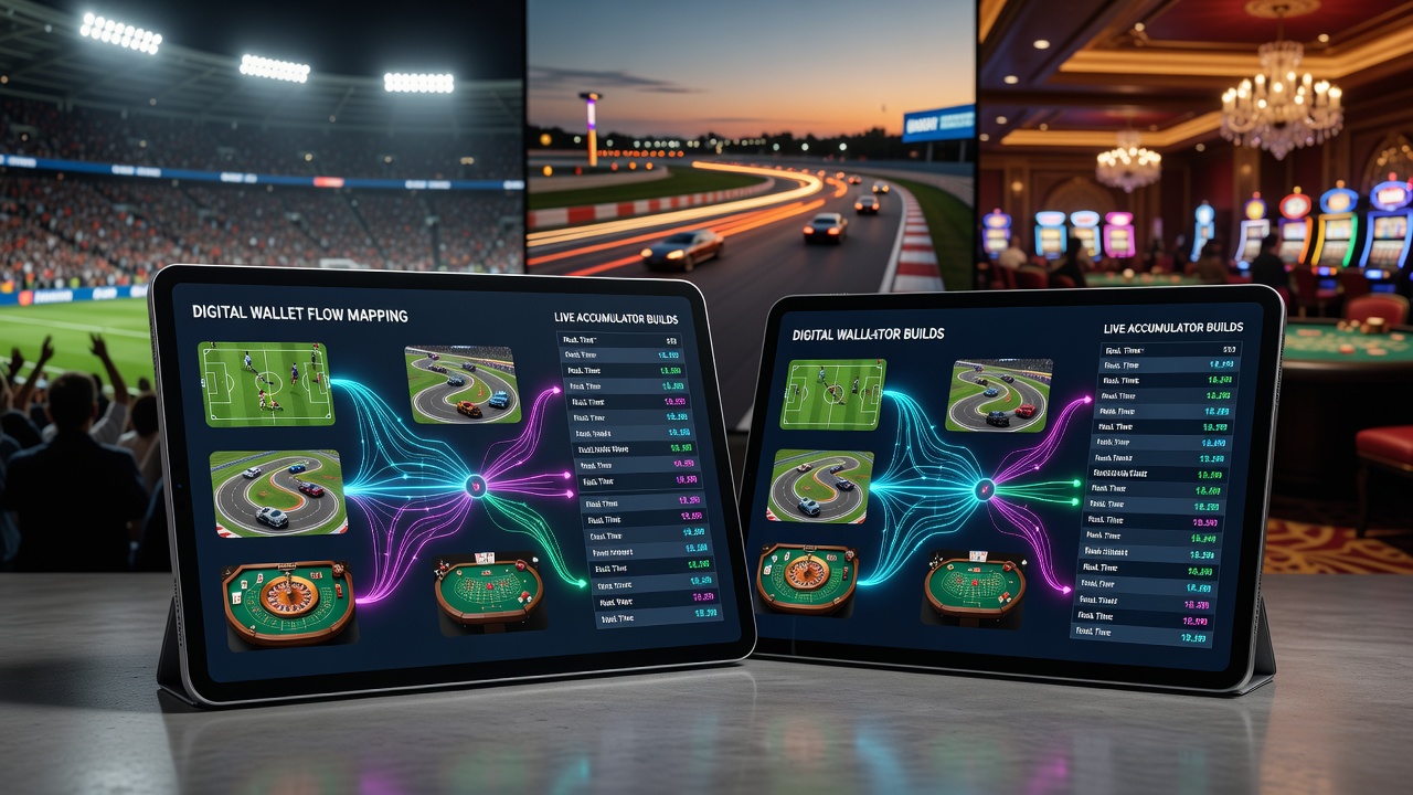 Digital wallet interface on a smartphone showing accumulator bet building across sports and casino sections