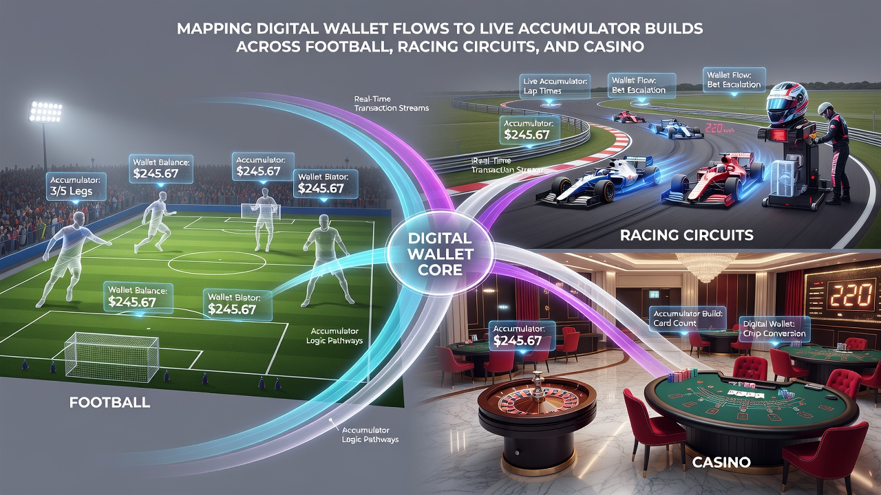 Mobile screen displaying live accumulator ticket with football, racing, and casino legs alongside digital wallet balance