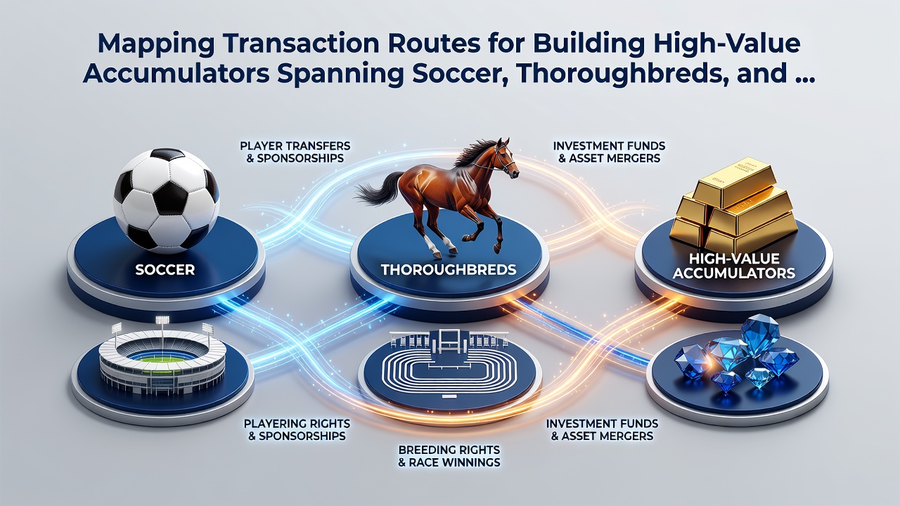 Flowchart showing combined transaction routes merging soccer, thoroughbred, and roulette bet settlements into unified accumulator payouts