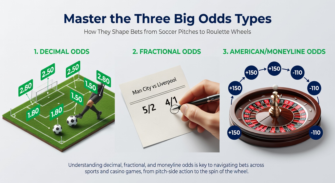 Close-up of betting slip showing fractional, decimal, and moneyline odds side-by-side for a soccer match and roulette bet