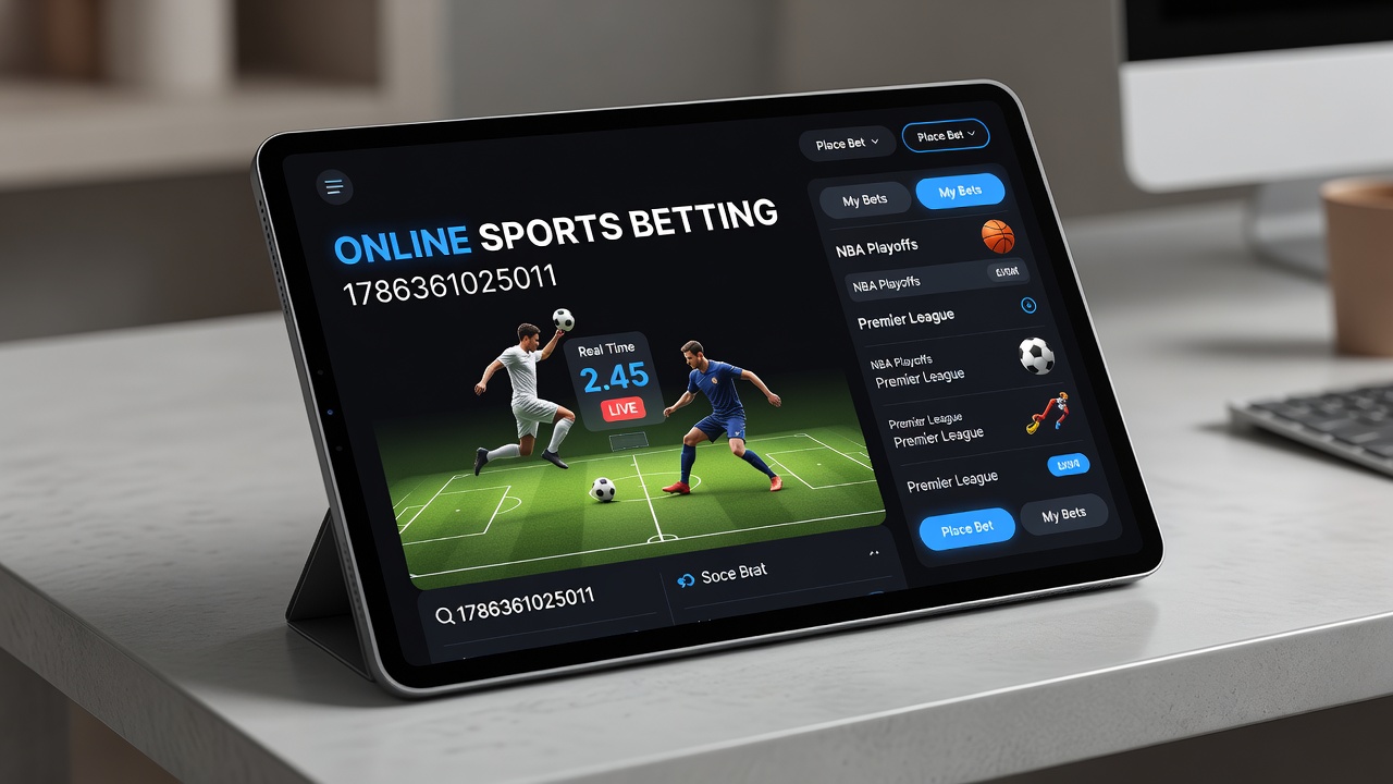 Laptop screen showing accumulator bet builder for multiple sports events including soccer and horse racing