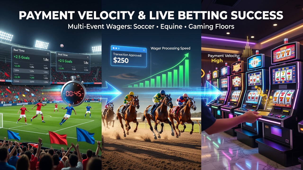 Live betting dashboard displaying accumulator options across soccer matches, horse races, and casino tables with real-time transaction indicators