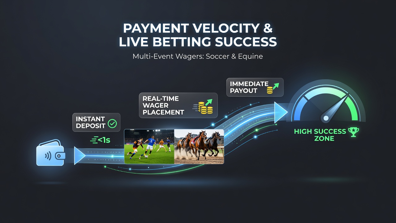 Mobile screen showing simultaneous soccer, racing, and table game bets funded via rapid payment transfer