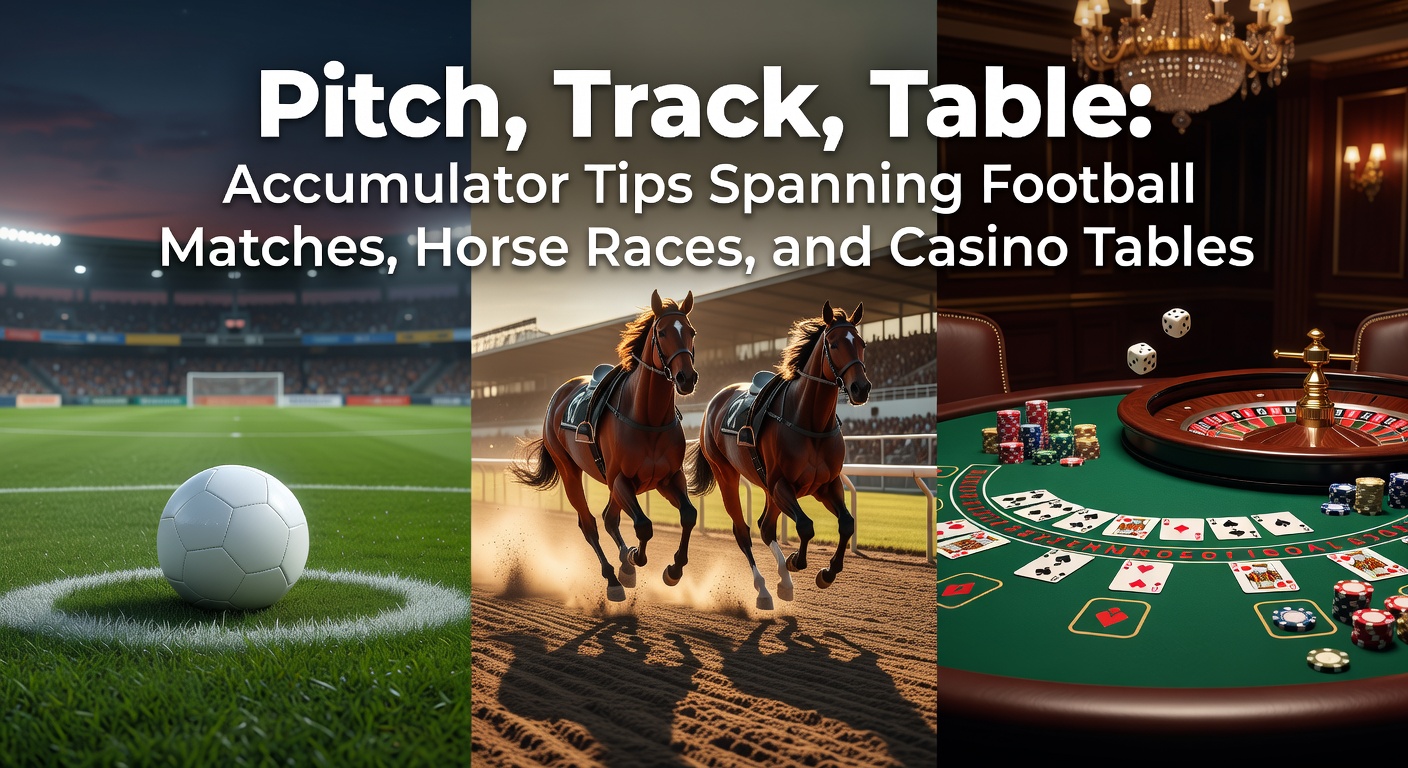 Vibrant scene of a football pitch merging into a horse racing track and a bustling casino table, symbolizing cross-game accumulator bets