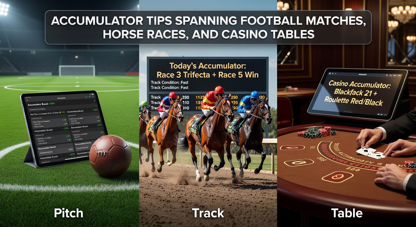 Dynamic split-image showing a soccer goal celebration, a horse crossing the finish line, and roulette wheel spinning, highlighting accumulator diversity