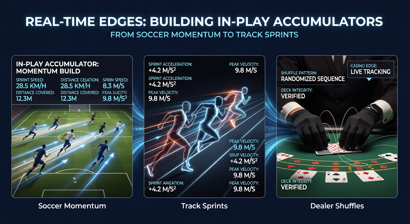 Dynamic in-play betting screen showing live soccer action, sprint race visuals, and casino dealer shuffling cards in real time