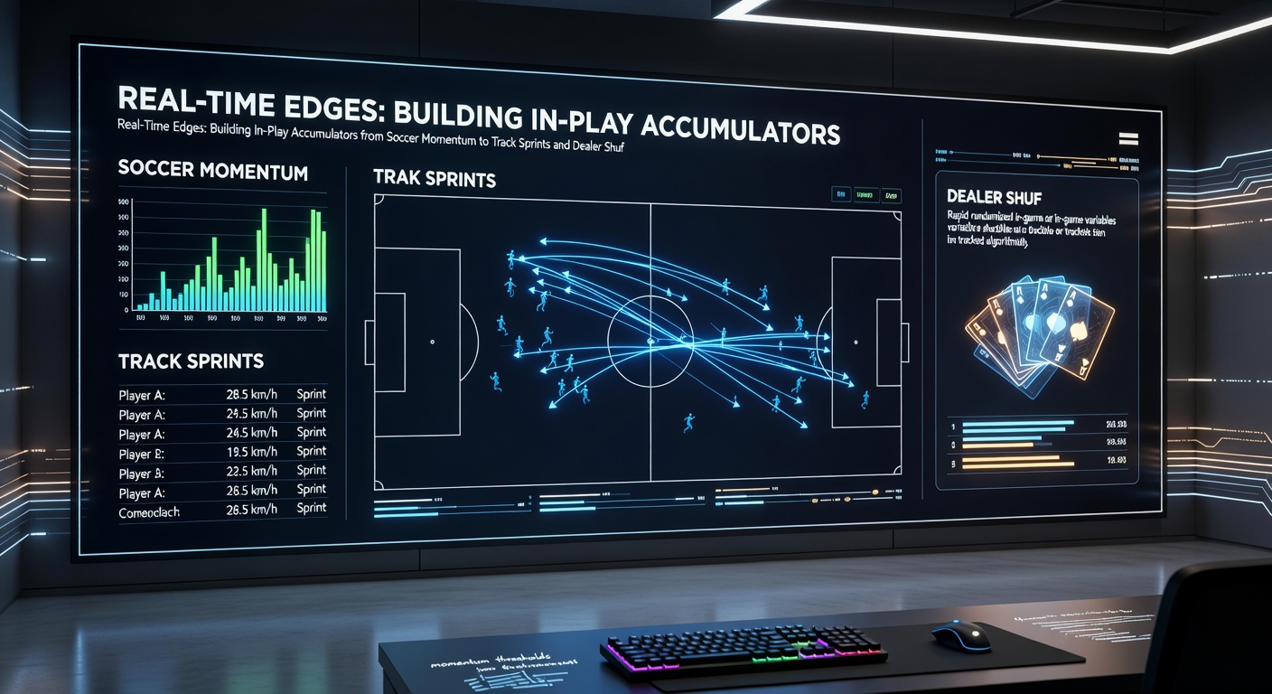 Split-screen view of a soccer momentum graph, sprinting horses on a track, and a dealer mid-shuffle at a live casino table