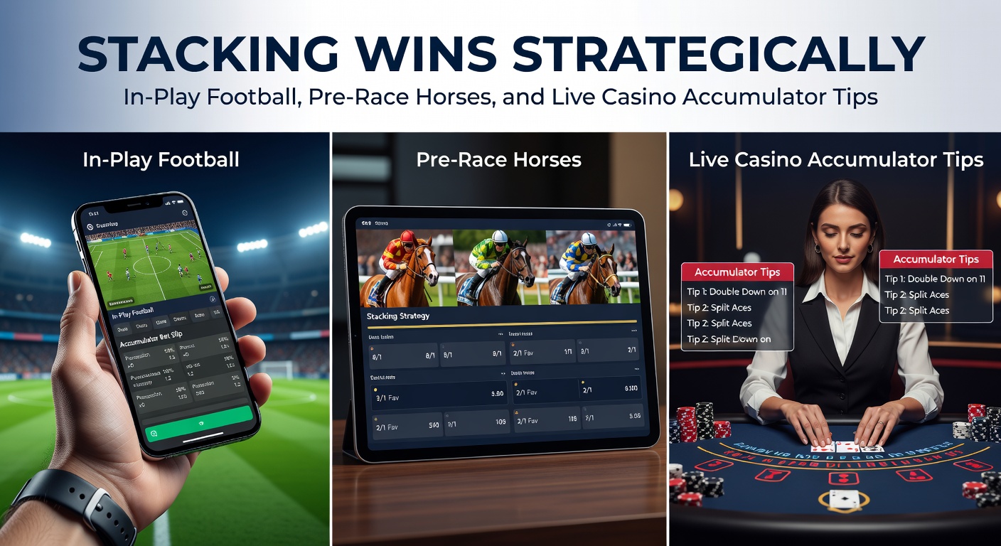 Dynamic scene of a soccer player celebrating a goal during in-play action, overlaid with horse racing and casino table elements symbolizing accumulator builds