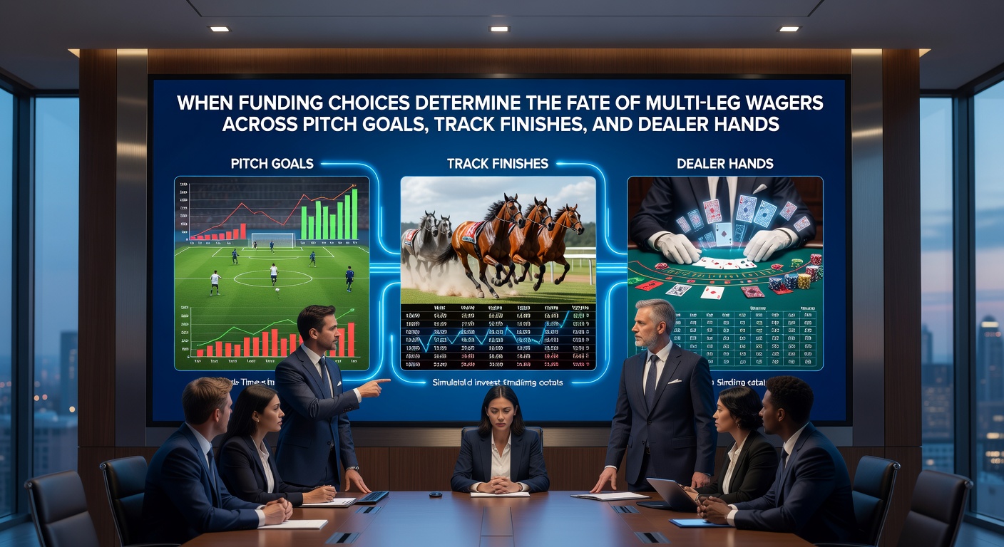 A split-screen view showing a football pitch on the left, a horse racing track in the center, and a casino table on the right, with digital payment icons overlaying the scene